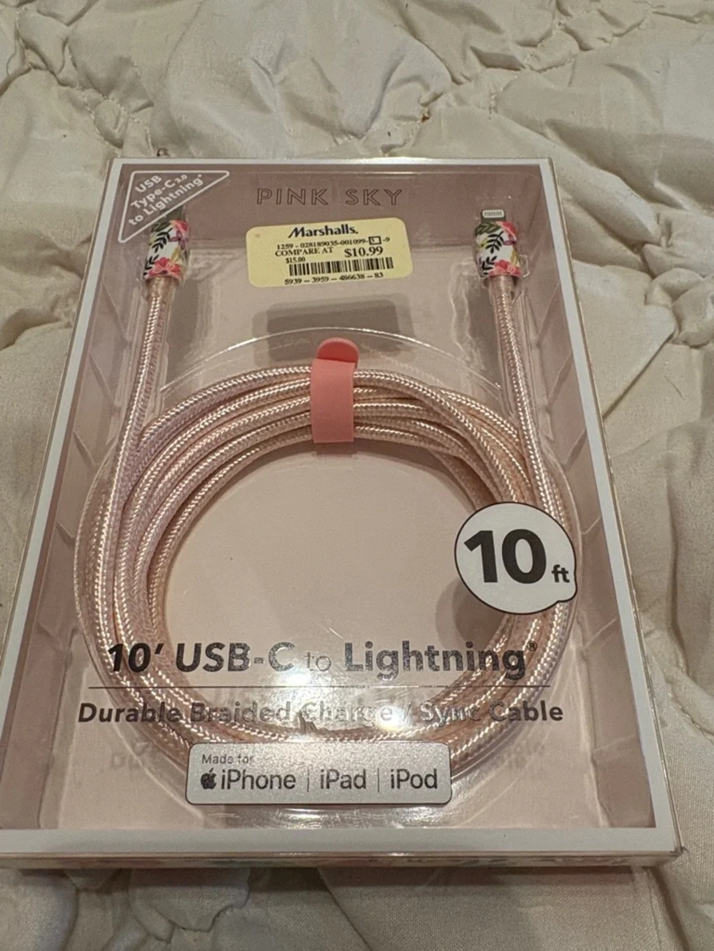 10ft Rose Gold USB-C to Lightning Braided Charging Cable